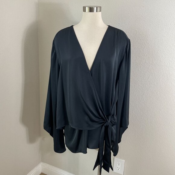 NEW $325 Ramy Brook Womens Plus 3XL Cassandra Black Wrap Style Blouse Tie Waist - Picture 1 of 15